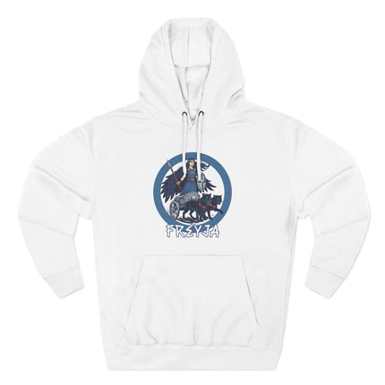 Freyja Norse Goddess graphic hoodie featuring a chariot and feline companions.