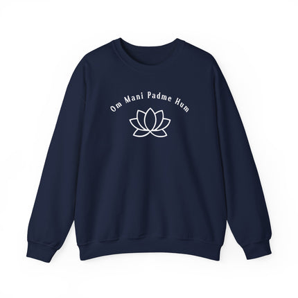 Om Mani Padme Hum mantra and lotus flower graphic on spiritual pullover sweatshirt.