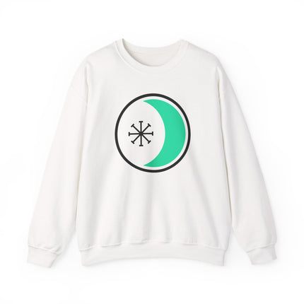 Pagan Wicca sweatshirt featuring a crescent moon, wheel of the year, and seax blade graphic print.