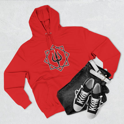 Red hoodie featuring the geometric Trishula symbol of Shiva, representing Hindu spiritual mythology.