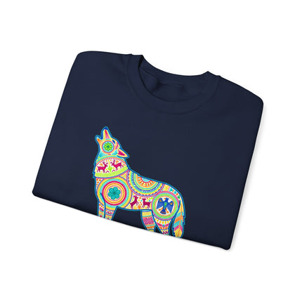 Huichol art howling wolf sweatshirt featuring colorful Mexican folk patterns on a pullover.
