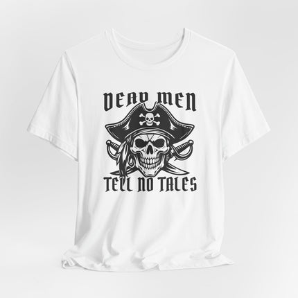 Dead Men Tell No Tales pirate skull graphic t-shirt design.