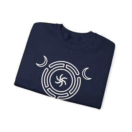 Pagan Hecate's Wheel and Triple Goddess moon symbol graphic on a dark sweatshirt.