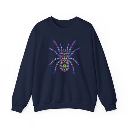 Colorful Huichol tarantula folk art graphic printed on a pullover sweatshirt.