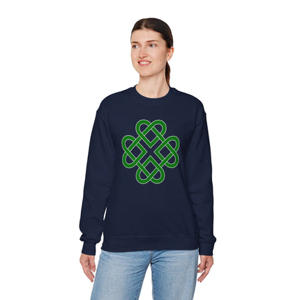 Green Celtic knot clover graphic on a navy unisex sweatshirt.