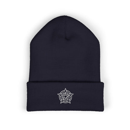 Pentagram Cuffed Beanie | Embroidered White Interlaced Star and Circle