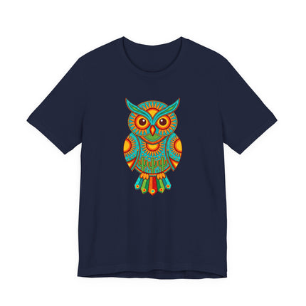 Colorful Huichol owl graphic tee with vibrant Mexican folk art patterns.