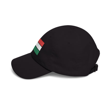 Black baseball cap with embroidered Hungarian flag design.