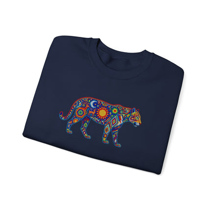 Colorful tribal jaguar art pullover featuring Huichol indigenous patterns and vibrant animal designs.