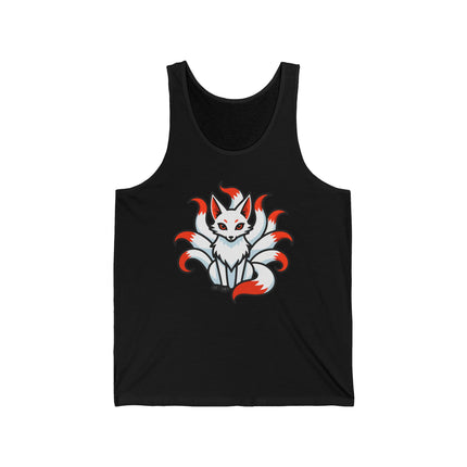 Stylized nine-tailed Kitsune fox graphic on a black tank top. Japanese mythology art.