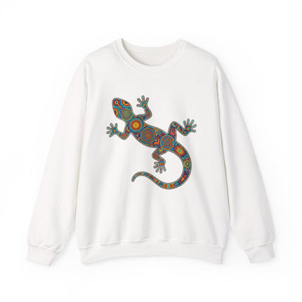 Colorful Huichol tribal lizard graphic on a white unisex pullover sweatshirt.