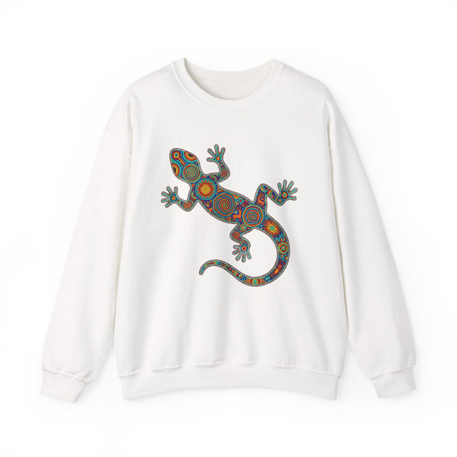 Colorful Huichol tribal lizard graphic on a white unisex pullover sweatshirt.