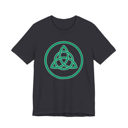 Green Triquetra Celtic knot symbol on a black unisex t-shirt.