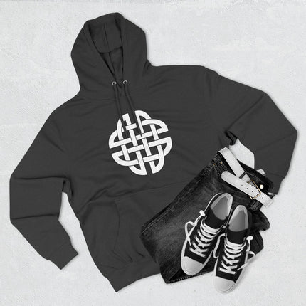 Celtic knot shield graphic on black unisex hoodie. Irish cultural design.