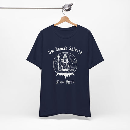 Lord Shiva meditating graphic on a t-shirt with Om Namah Shivaya mantra.
