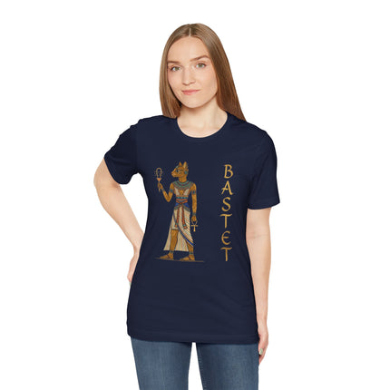 Bastet Egyptian goddess t-shirt art featuring ancient symbols and hieroglyphs.