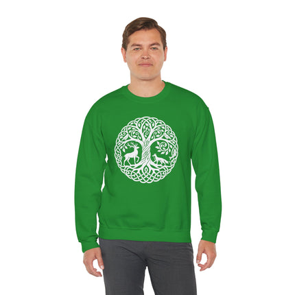 Celtic knotwork tree of life design with deer and fox on a green sweatshirt.
