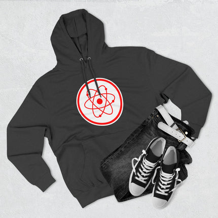 Black science physics hoodie featuring a minimalist red atomic symbol graphic design.