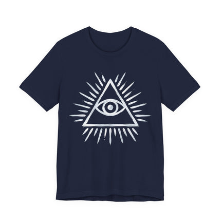 Eye of Providence symbol graphic on a dark blue t-shirt featuring the all-seeing eye.