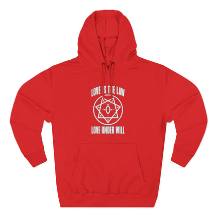 Red Thelema hoodie featuring the Love Is The Law sigil and "Love Under Will" text.