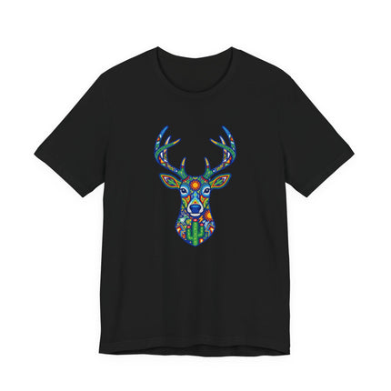 Vibrant Huichol deer graphic on a black t-shirt, featuring Mexican indigenous folk art style.