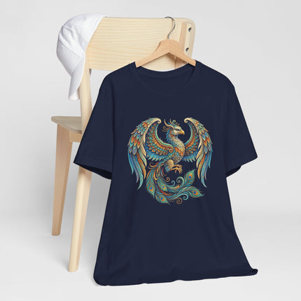 Colorful ornate phoenix graphic tee featuring Persian mythology art.