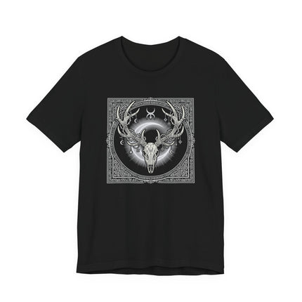 Celtic Stag Skull Art T-Shirt - Tribal Antler Crown with Moon Design
