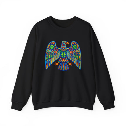 Vibrant Huichol eagle graphic featuring Mexican folk art on black sweatshirt.