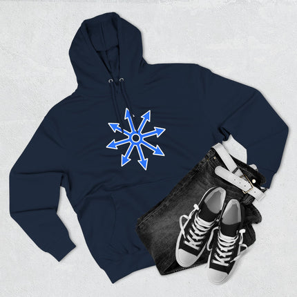 Dark blue hoodie featuring a white chaos star symbol graphic. Esoteric and alternative apparel.