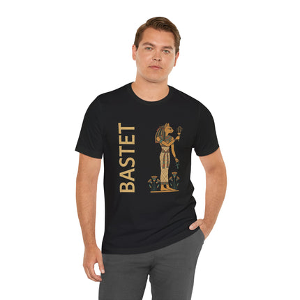 Bastet Egyptian goddess graphic tee featuring ancient symbols and mythology.