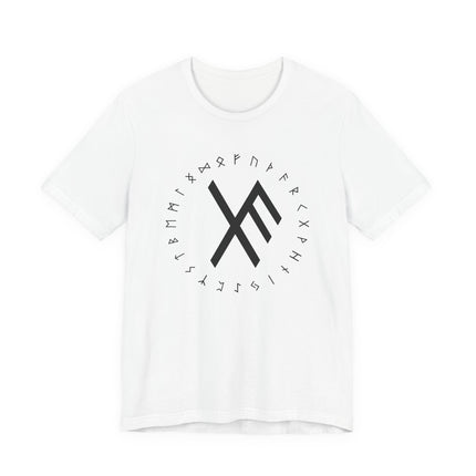 Norse rune graphic tee featuring the Bind Rune and surrounding Elder Futhark symbols.