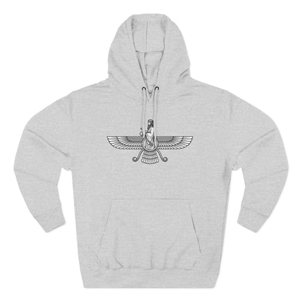 Faravahar Zoroastrian symbol graphic on a gray pullover hoodie.
