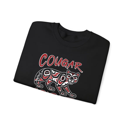Cougar Spirit formline art design on a Native American indigenous pullover sweatshirt.