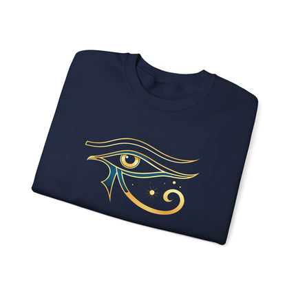Ancient Egyptian Eye of Horus symbol graphic in gold and blue tones.