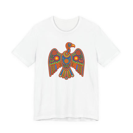 Colorful Huichol vulture symbol graphic tee featuring Mexican indigenous folk art.