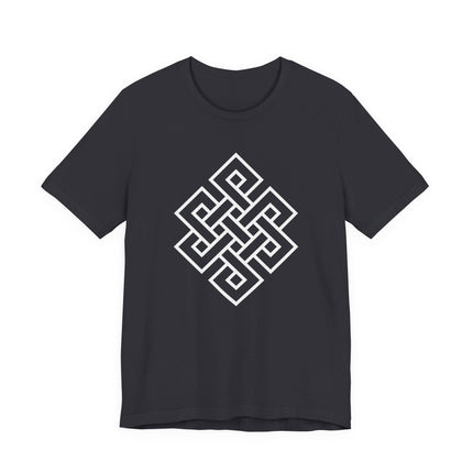 Black t-shirt featuring the white Endless Knot Buddhist symbol of interconnectedness.
