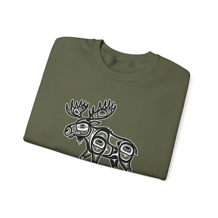 Moose design sweatshirt featuring traditional Northwest Coast indigenous art patterns.