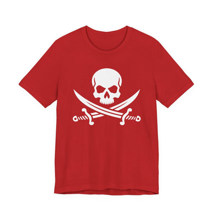 Pirate skull and crossed swords graphic on a red t-shirt.