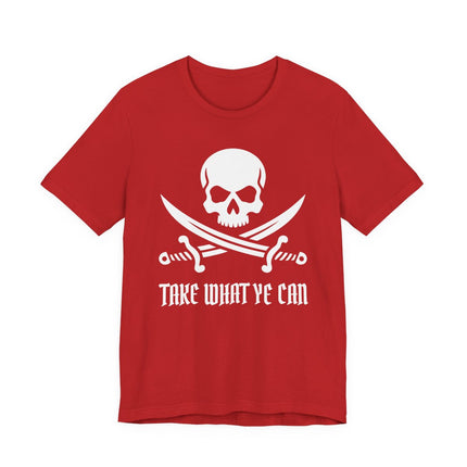Red pirate t-shirt with skull and crossed swords graphic. Text reads "Take What Ye Can.