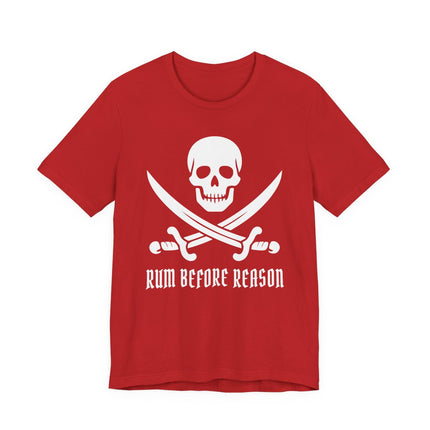Red t-shirt featuring a pirate skull, crossed swords, and "Rum Before Reason" text graphic.