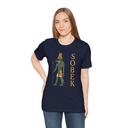 Sobek Egyptian mythology t-shirt featuring crocodile god art and gold print.