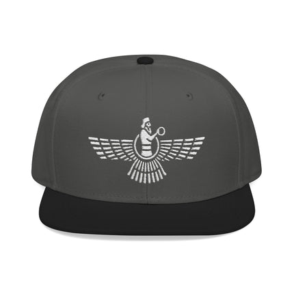Embroidered Faravahar symbol on a black snapback hat, representing Zoroastrian Persian culture.