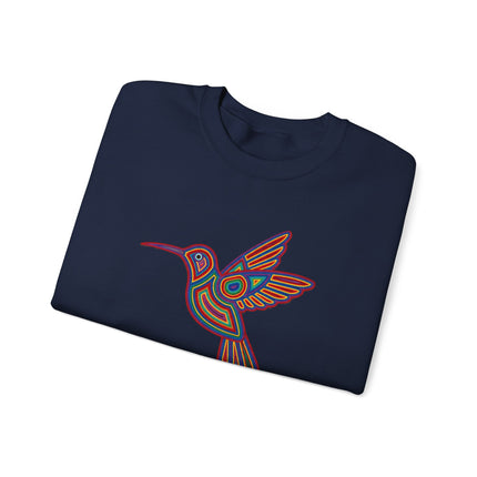 Indigenous Huichol hummingbird art sweatshirt with vibrant geometric patterns and designs.