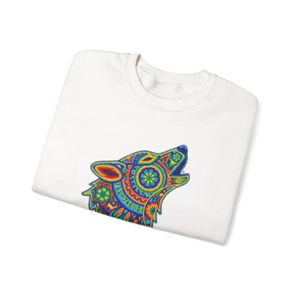 Rainbow huichol tribal art sweatshirt featuring a howling wolf and vibrant geometric pattern.