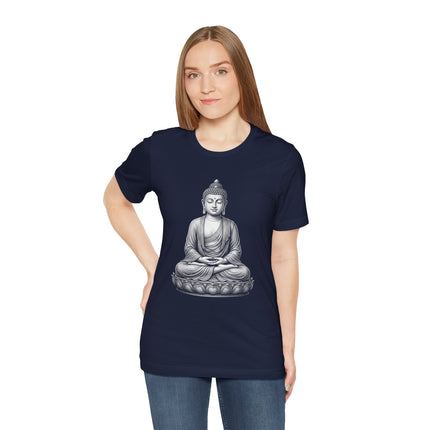 Meditating Buddha graphic on a lotus flower printed on a navy blue spiritual t-shirt.