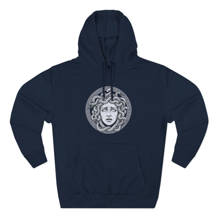 Medusa head graphic with snakes and Greek key pattern on a navy pullover hoodie.