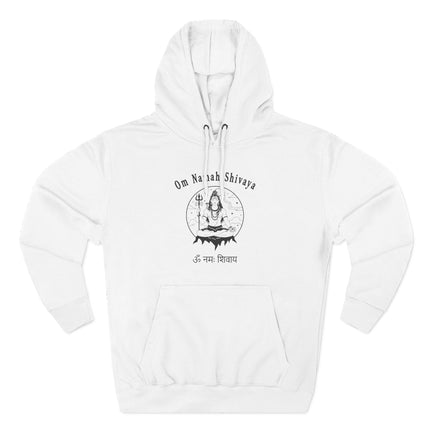 Om Namah Shivaya mantra and meditating Shiva graphic on white pullover hoodie.