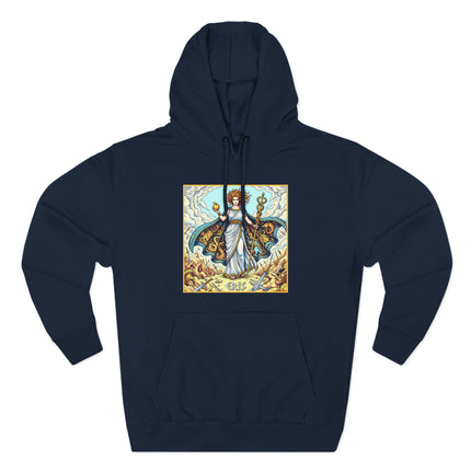 Eris Goddess of Discord Greek mythology graphic featuring classical art on a navy pullover hoodie.