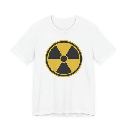 Yellow and black radiation symbol graphic on a white unisex t-shirt.