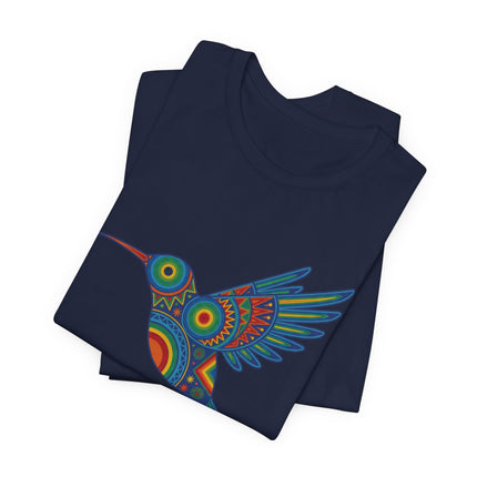 Mexican folk art hummingbird graphic tee featuring vibrant Huichol geometric design.